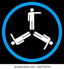Pointing Men vector icon. Style is bicolor flat circled symbol, blue and white colors, rounded angles, black background.