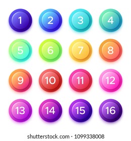 Pointing Number On Gradient Bullet Button Icon. Colorful Blue Green Purple Yellow Pink Cyan Orange 3D Circle Buttons With Point Numbers On Ball Bullets Isolated Vector Elements Icons Set