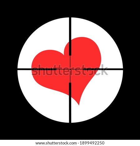 Pointing on love heart through gunsight. Shooting on symbol of romance, romantic passion, lovingness, amorousness. Vector illustration. 