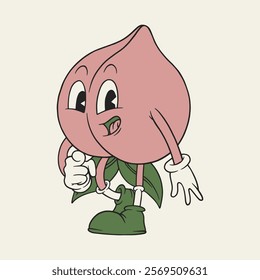 pointing peach retro cartoon mascot