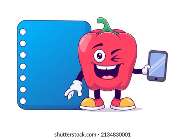 Pointing at a poster red bell pepper cartoon mascot character vector illustration design