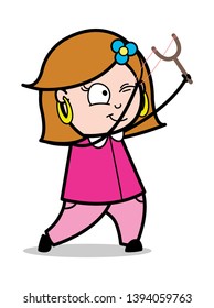 Pointing with Sling Shot - Retro Cartoon Female Housewife Mom Vector Illustration