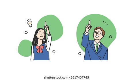 Pointing Students in Uniform – Educational Vector Set. A schoolboy and schoolgirl pointing upward in clean line style. Great for guides, classroom content, and educational visuals. 