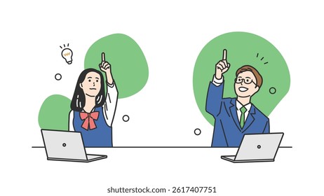 Pointing Students in Uniform – Educational Vector Set. A schoolboy and schoolgirl pointing upward in clean line style. Great for guides, classroom content, and educational visuals. 