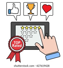Pointing to a tablet with five star on the screen. Rating and review thin line vector illustration. Top rated app concept. Thumb up, trophy cup, heart icons.