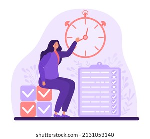 Pointing to timer. Girl moves clock, time management and deadline. Manager managed to complete all tasks, successful employee, leadership. Daily routine and planning. Cartoon flat vector illustration