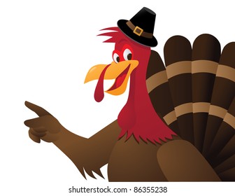 Pointing Turkey Cartoon A cartoon turkey points at your message. EPS 8 vector with no open shapes, strokes or transparencies.