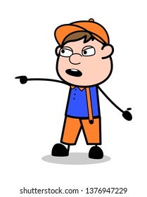 Pointing While Talking - Retro Cartoon Carpenter Worker Vector Illustration﻿