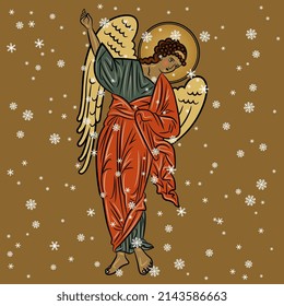 
Apuntando ángel alado bajo copos de nieve. Diseño religioso de Navidad en invierno. Sobre el fondo dorado. 