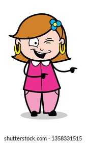 Pointing with Winking Eye - Retro Cartoon Female Housewife Mom Vector Illustration