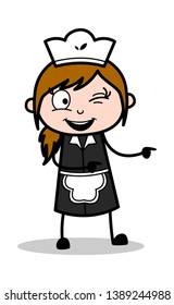 Pointing and Winking Eye - Retro Cartoon Waitress Female Chef Vector Illustration