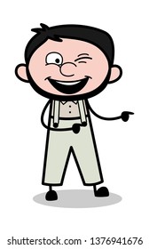Pointing and Winking Eye - Retro Repairman Cartoon Worker Vector Illustration