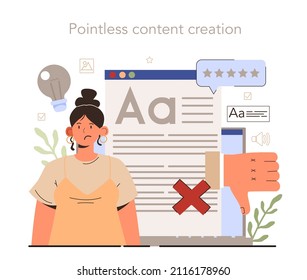 Pointless content creation. Content manager guidance. Content creation mistake. Digital promotion strategy and content production. Flat vector illustration