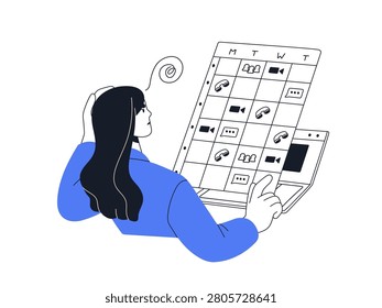 Pointless meetings concept. Employee planning schedule, timetable overloaded with many video calls. Calendar with excessive communication. Flat vector illustration isolated on white background