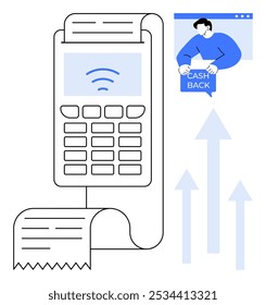 Point-of-sale terminal with receipt and cashback notification. Ideal for digital payments, cashback offers, financial transactions, e-commerce, and retail technology. Simple line style vector