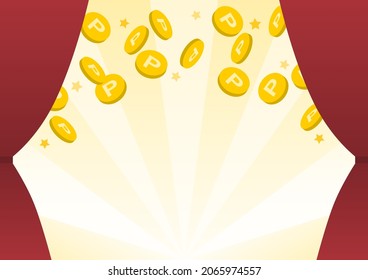 Punktcoin über dem roten Vorhang. Vektorgrafik.