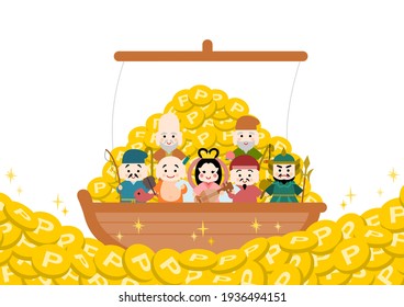 Moneda de puntos y las siete deidades de buena suerte de Japón. Ilustración vectorial.
