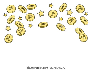 Points coin and stars. Falling coins. Vector illustration. Frame design.