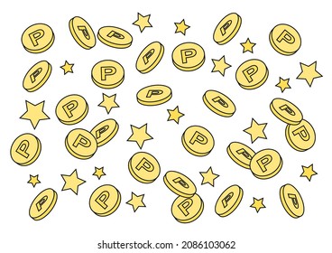 Points coin and stars. Falling coins. Vector illustration. White background.