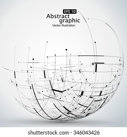 Points, curves, surfaces formed wireframe sphere, science and technology abstract illustration.