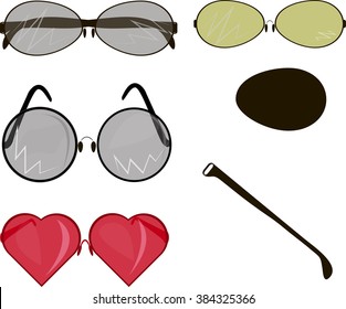 Points of different types. Spare parts for glasses eye of glass. glamorous red sunglasses heart shape.Vector illustration.