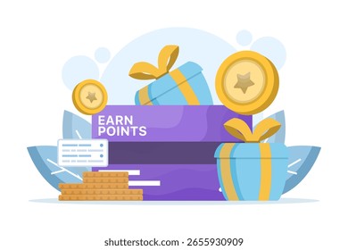 Points earning concept. Rewards. Loyalty programs and earning rewards. Receiving rewards and gift boxes. Loyalty program marketing strategies. Discounts and bonuses. Flat design.