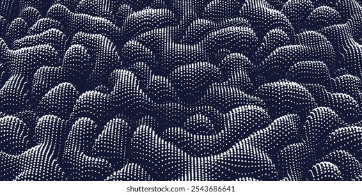 Points in grid chaotic waves texture. Abstract dots on black background. Technology cyberspace concept.