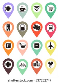 Points of interest of many colors and different icons that are perfect to use in maps and other ideas