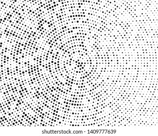 Points of large and small scale, placed on divergent circles from the center. Halftone style. Vector illustration