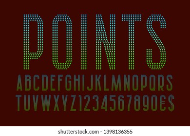 Points letters and numbers with currency signs. Blue green gradient dotty font. Isolated english alphabet.