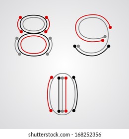 Points and lines letters. Points and lines numbers. Number 8. Number 9. Number 0. Typographic elements. Typographic design.