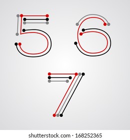 Points and lines letters. Points and lines numbers. Number 5. Number 6. Number 7. Typographic elements. Typographic design.