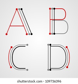 Points and lines letters. Typographic elements. Typographic design. A letter. B letter. C letter. D letter.