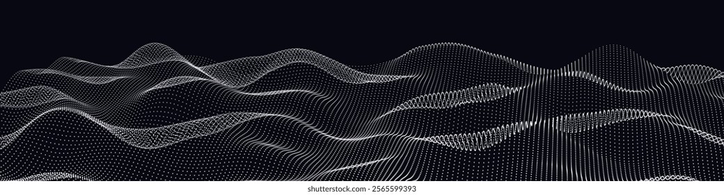 Points in lines wavy on noise surface. Abstract dots on dark background. Technology cyberspace concept.