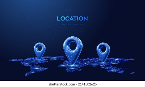 Points of location 3d icon. Navigator pin location checking on world map background. Wireframe gps map marker sign. Low polygonal Navigation pointer global position system symbol. Vector illustration.