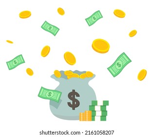 Points and money pouring out of your pockets illustration set. Dollar, firecracker, finance, event, profit. Vector drawing. Hand drawn style.