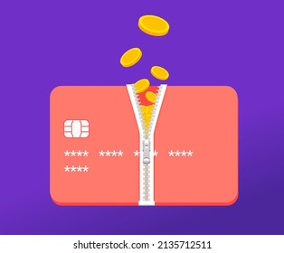 points pouring out between credit cards illustration set. zipper, bank, finance, point, coupon. Vector drawing. Hand drawn style.