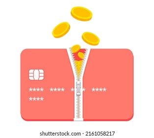 points pouring out between credit cards illustration set. zipper, bank, finance, point, coupon. Vector drawing. Hand drawn style.