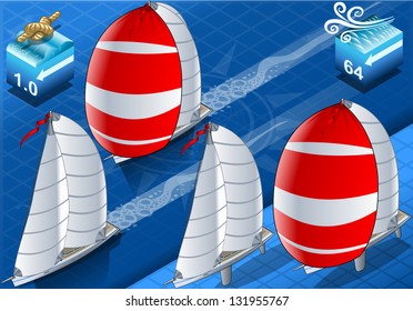 Points of Sail Isometric 3D Flat Style Set. Sail Boat Mainsail Jib and Spinnaker in Various Positions. Isometric Nautical Ship Collection to Build Regatta Infographic Diagram Illustration.