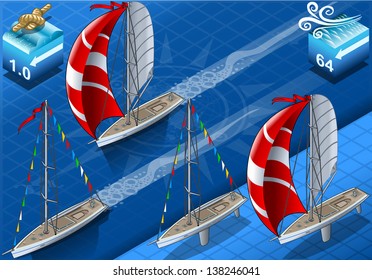 Points of Sail Isometric 3D Flat Style Set. Sail Boat Mainsail Jib and Spinnaker in Various Positions. Isometric Nautical Ship Collection to Build Regatta Infographic Diagram Illustration.
