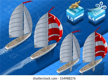 Points of Sail Isometric 3D Flat Style Set. Sail Boat Mainsail Jib and Spinnaker in Various Positions. Isometric Nautical Ship Collection to Build Regatta Infographic Diagram Illustration.