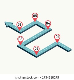 Points And Steps On Road Route To Goal. Business Map Pointers To Success. Vector Illustration In Isometric Style Modern Design.