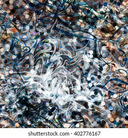 Points and twisted into a spiral wavy lines. Confetti and smoke. Black, white, gray and beige. Abstract vector seamless pattern. Blur effect.