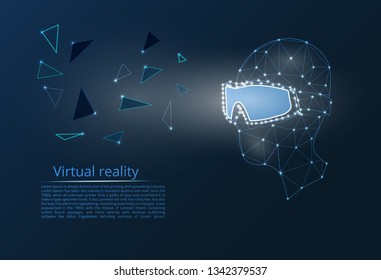 Points of virtual reality. Drawn low poly vector illustration, polygonal concept. A man wearing VR glasses for the future, interface technology, user experience. Futuristic game element.