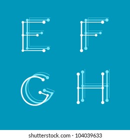Points-lines letters. Letter E. Letter F. Letter G. Letter H. 3d letters. Typographic elements. Typographic design.