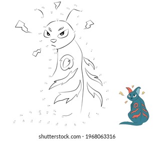 Juego punto a punto. Dibujar una línea. Gato enojado. Para los niños. Hoja de cálculo. Libro de colorear. Caricatura.