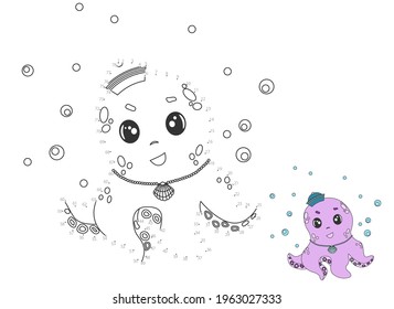 Point-to-point game. Draw a line. Cute octopus in a sailor's hat. For kids. Worksheet. Coloring book. Cartoon character.