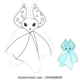 Juego punto a punto. Dibujar una línea. Bate lindo. Para los niños. Hoja de cálculo. Libro de colorear. Caricatura.