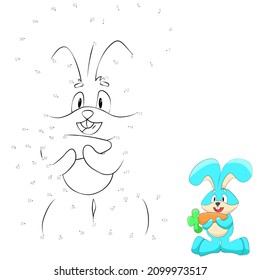 Point-to-point game. Draw a line. Cute rabbit is holding a carrot. For kids. Worksheet. Coloring book. Cartoon character.