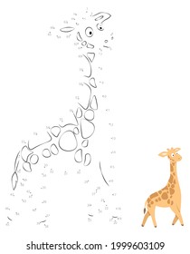 Point-to-point game. Draw a line. Giraffe. For kids. Worksheet. Coloring book. Cartoon character.	